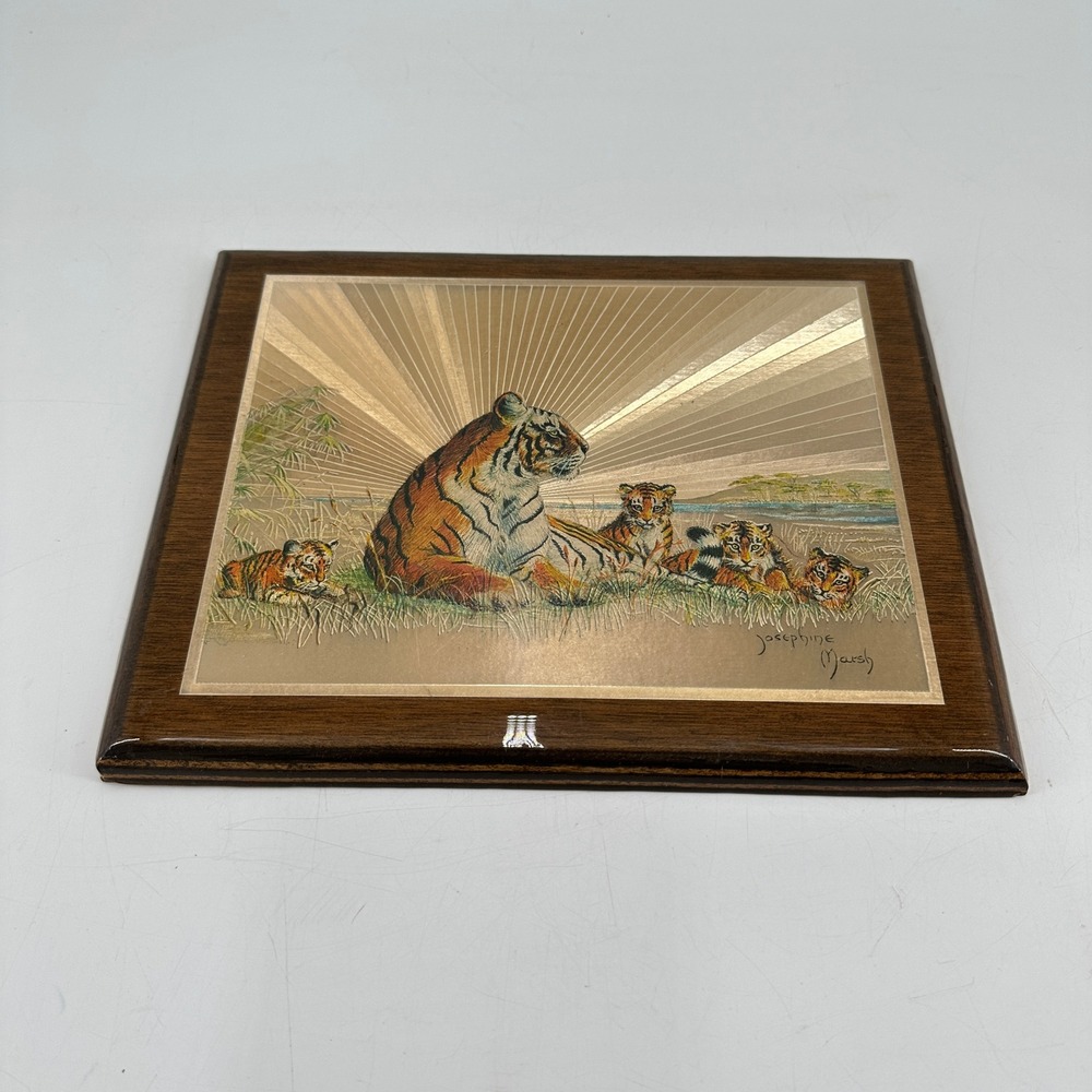 Josephine Marsh Tiger Family Foil Art Plaque Vintage Wood Mounted Wall Decor - Picture 2 of 8